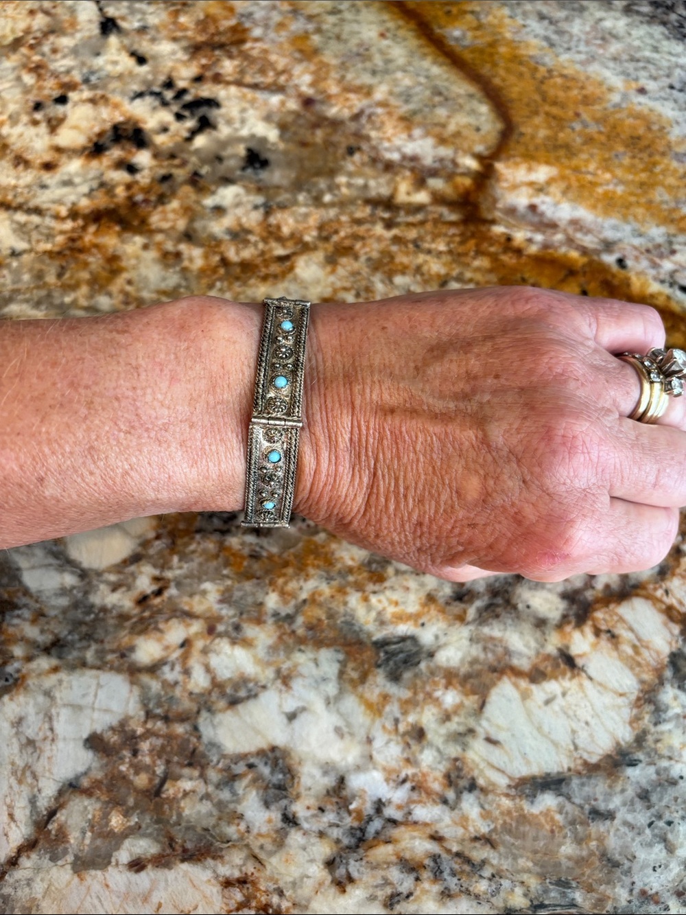 Vintage Silver Panel Bracelet with Turquoise Stones